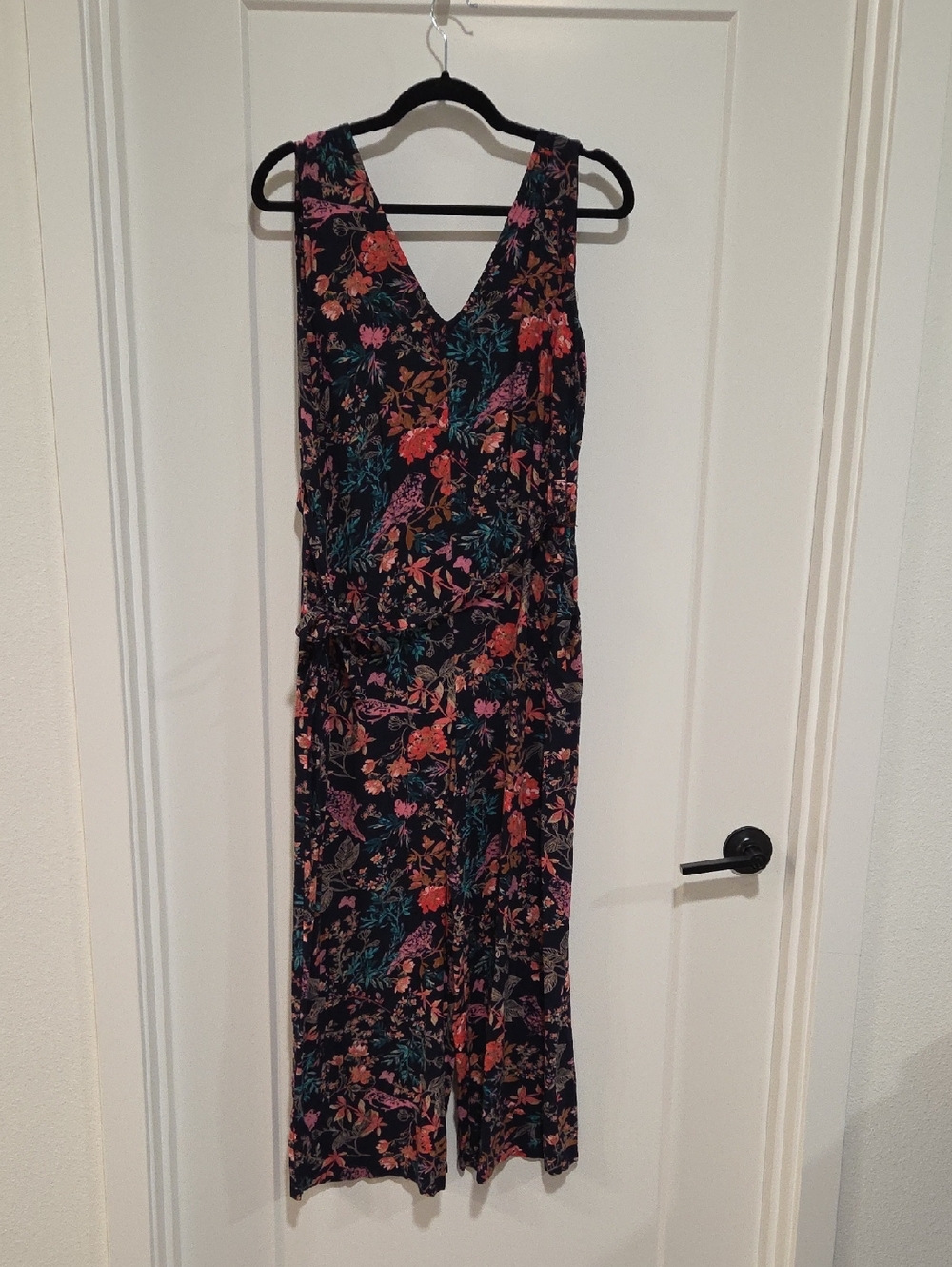Floral V-Neck Sleeveless Jumpsuit in Black with Multicolor Print